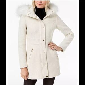 INC International Concepts Faux-Fur Trim Hooded Woven Coat White L